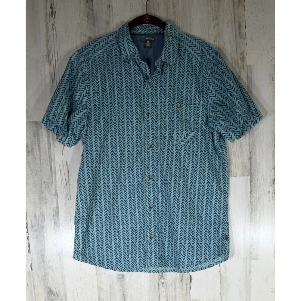 Toad&Co Button Front Camp Shirt Size Medium Teal Blue Geometric Organic Cotton - Picture 1 of 6